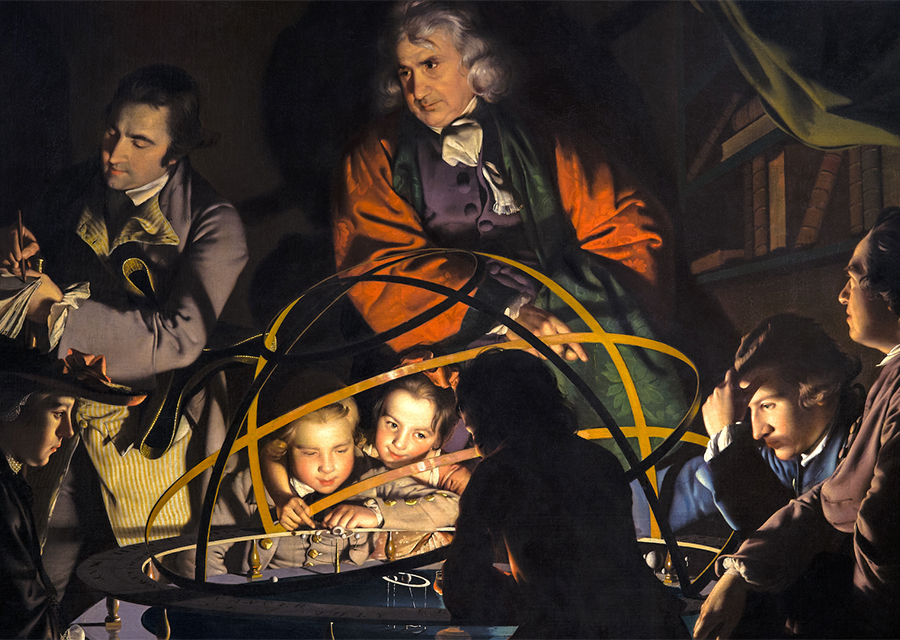 Classic painting of renaissance men in discussion by Joseph Wright of Derby, called "A Philosopher Giving a Lecture on the Orrery."