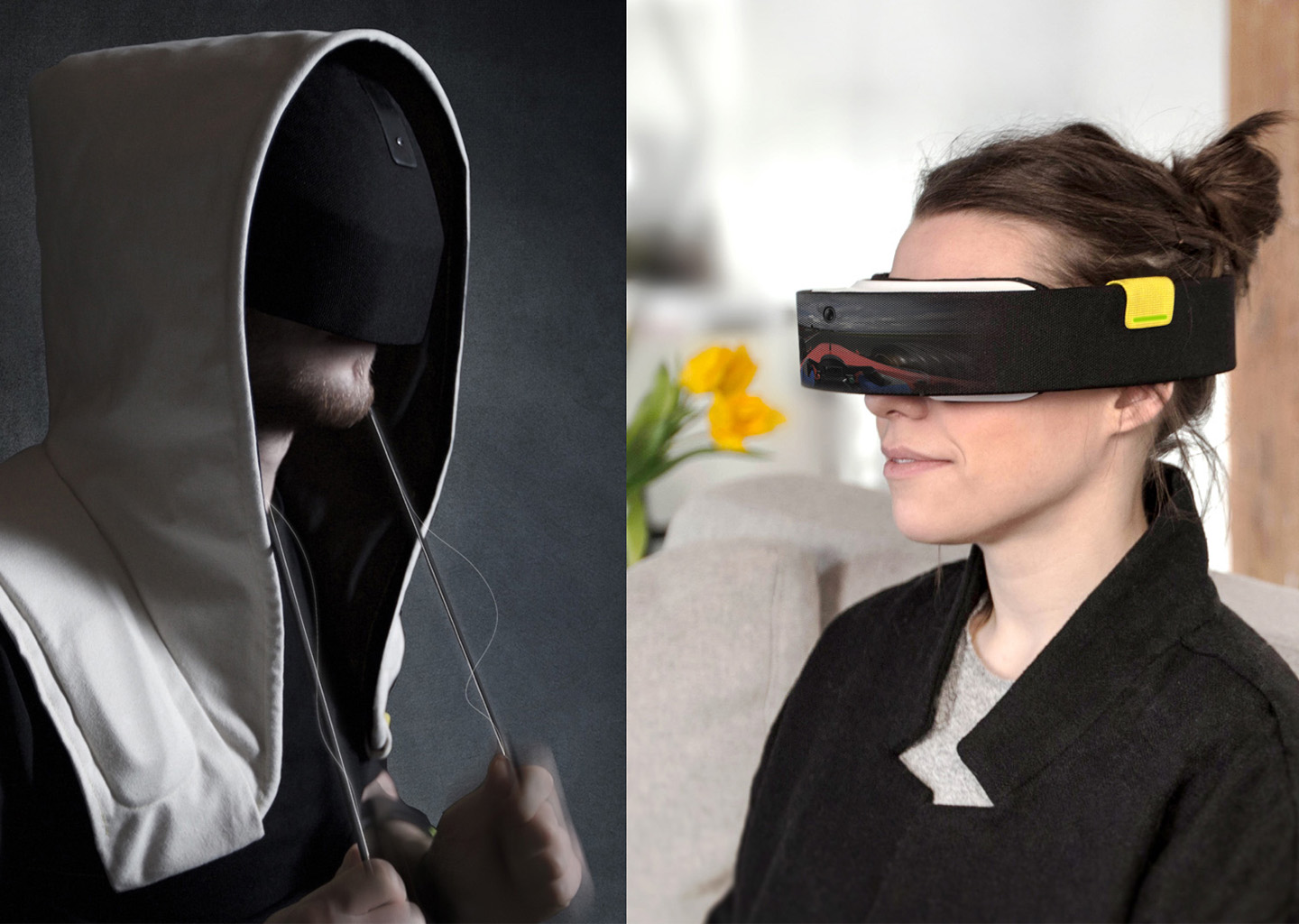 Woman wearing a wraparound VR headset model.