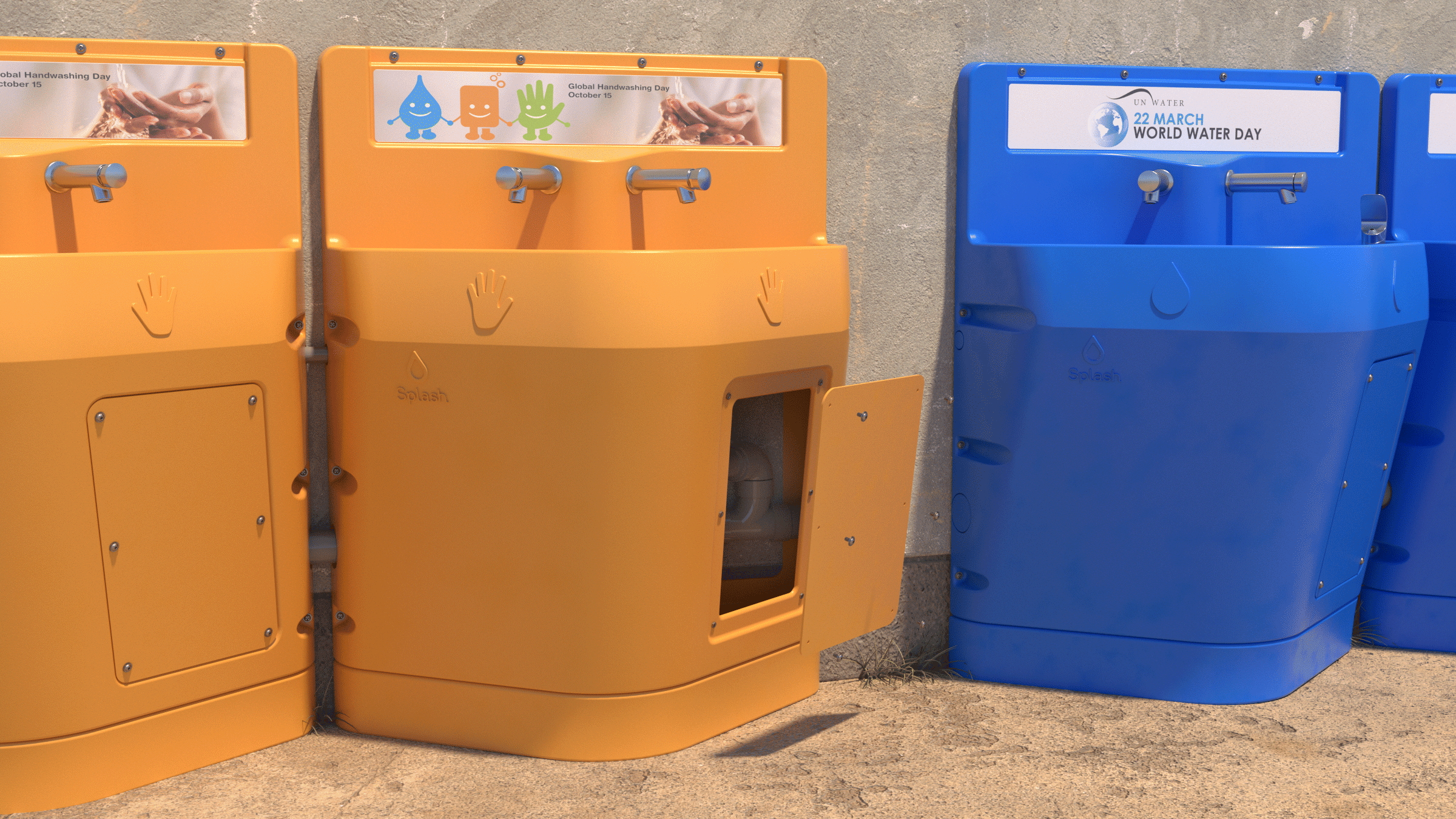 Animated cross-section render showing the simple plumbing within Artefact and Splash's orange handwashing stations.