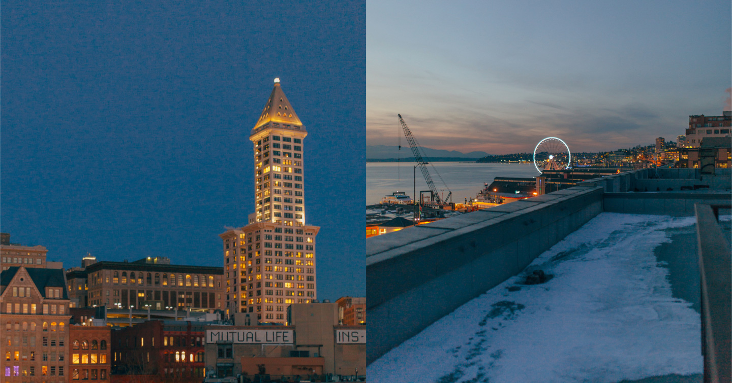 Sunset skyline views of the Smith Tower and Seattle Great Wheel from Artefact's studio rooftop.