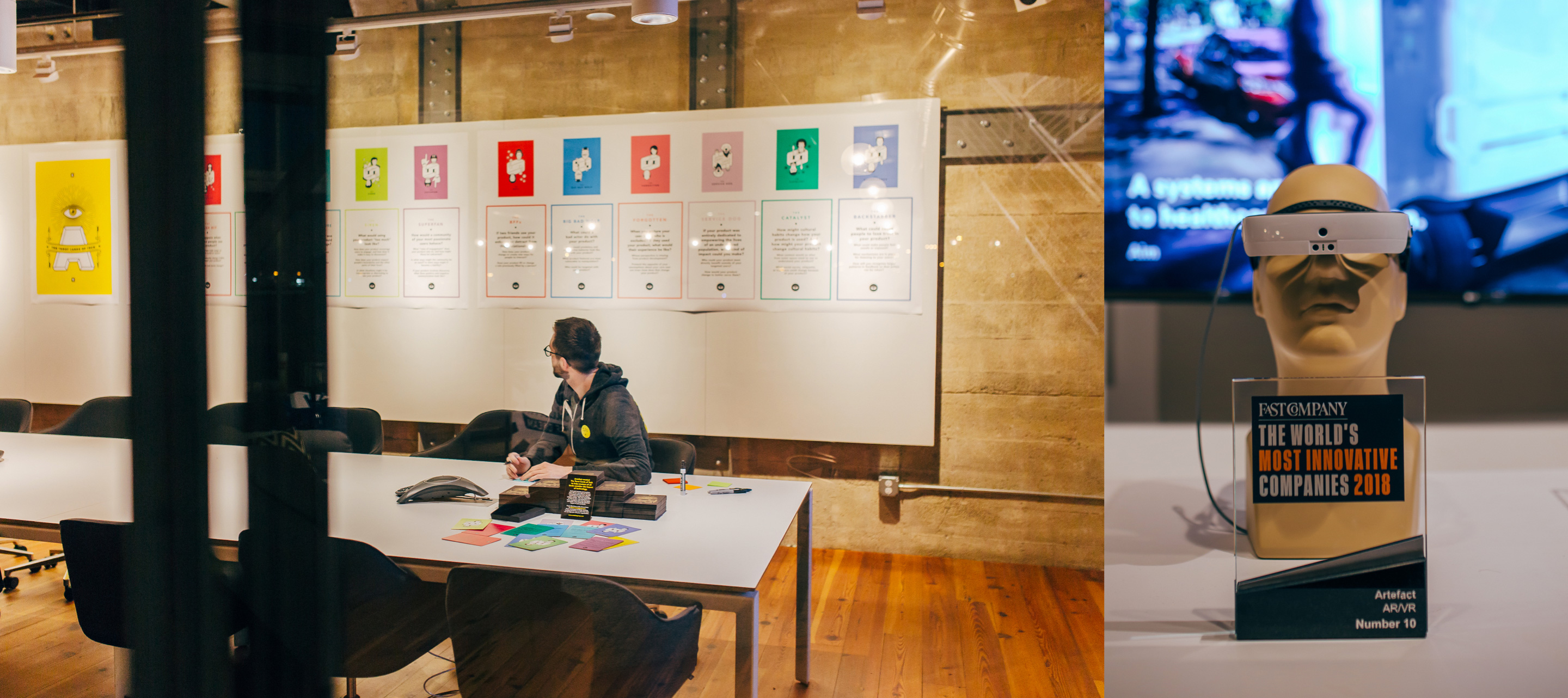 An Artefact designer working with the Tarot Cards of Tech in a conference room.