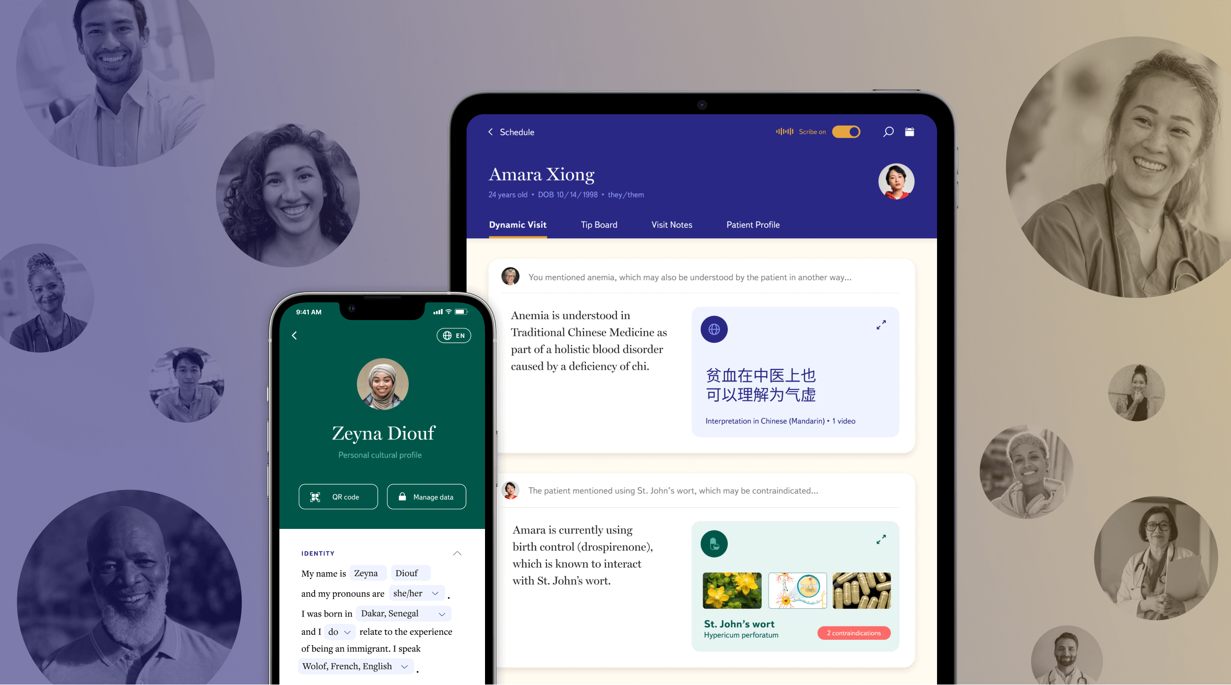 Header image showing an phone screen of a patient's cultural profile and a tablet screen of the dynamic visit feature. Surrounding the devices are images of different people representing both patient and providers.