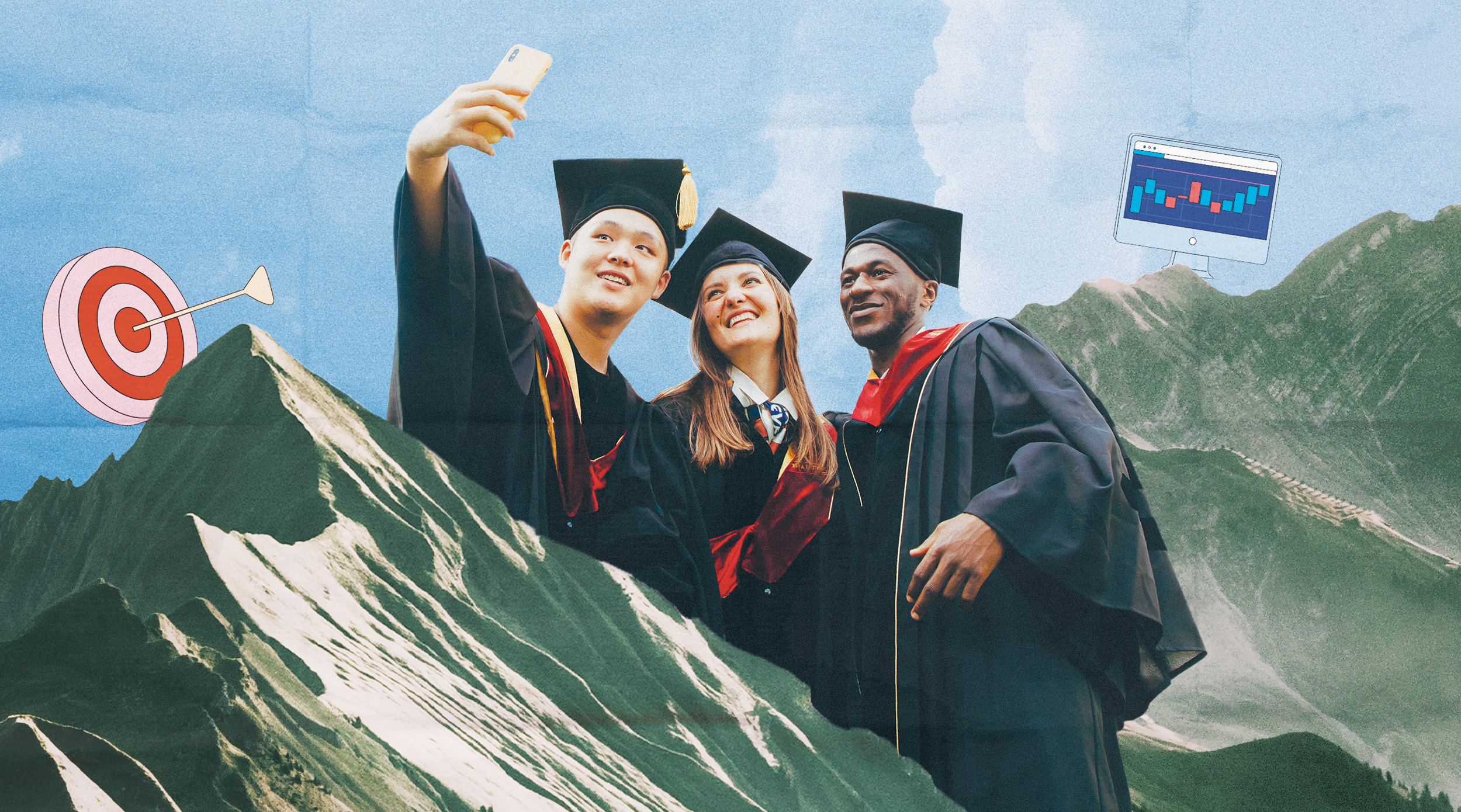 Collage of college students graduating, amongst mountains and illustrations of a target and computer monitor displaying data in a bar chart