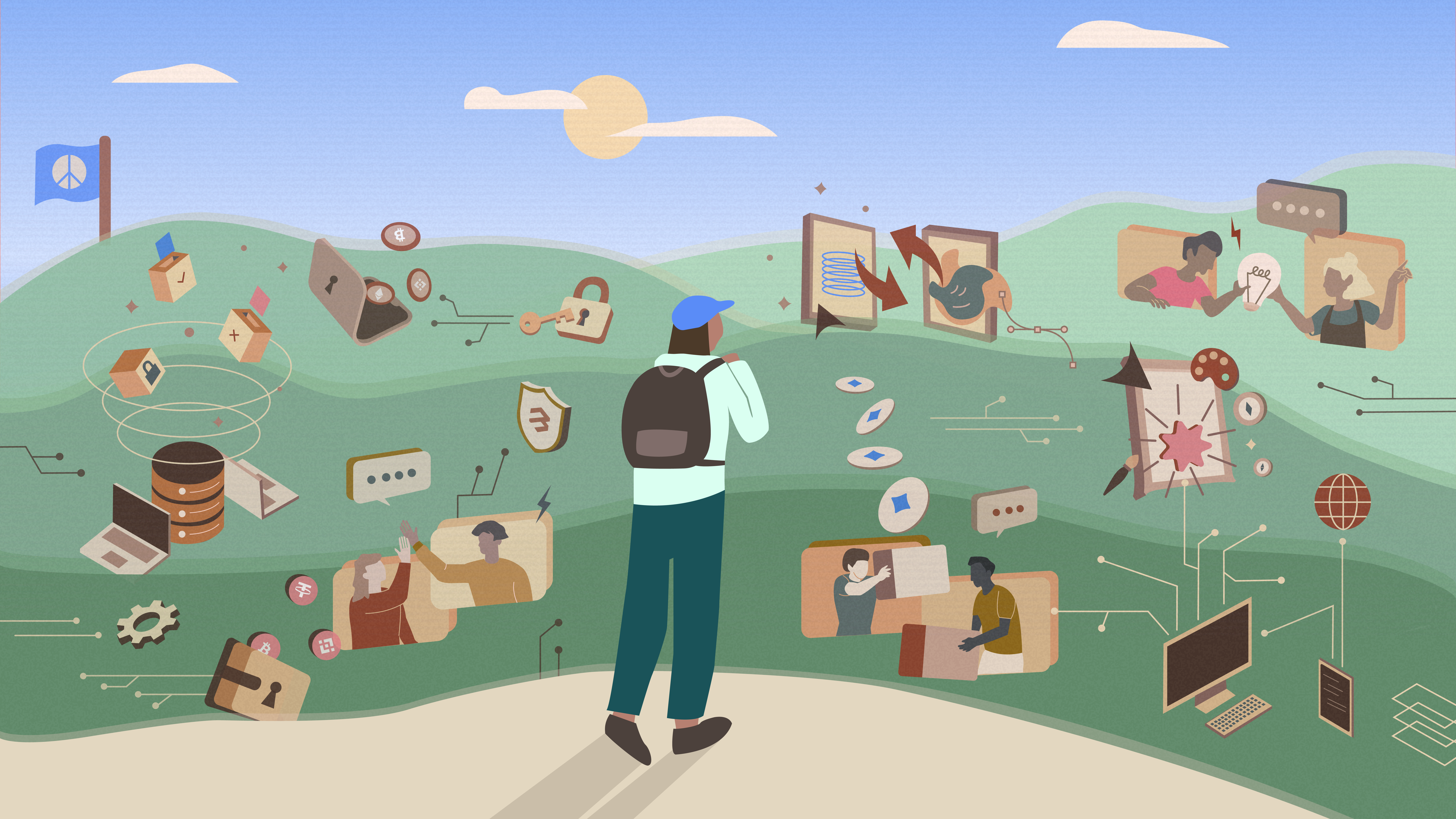 A vector illustration depicting a person venturing towards a Web3 landscape